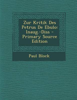 Book cover for Zur Kritik Des Petrus de Ebulo