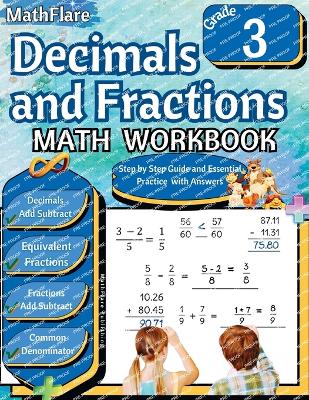 Book cover for Decimals and Fractions Math Workbook 3rd Grade