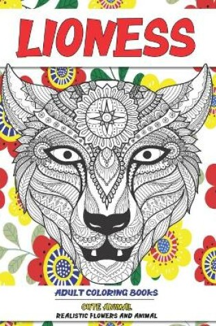 Cover of Adult Coloring Books Realistic Flowers and Animal - Cute Animal - Lioness