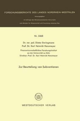 Cover of Zur Beurteilung von Subventionen