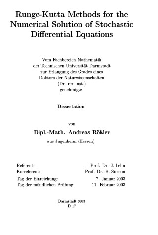 Book cover for Runge-Kutta Methods for the Numerical Solution of Stochastic Differential Equations