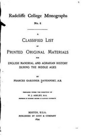 Cover of A Classifed List of Printed Original Materials