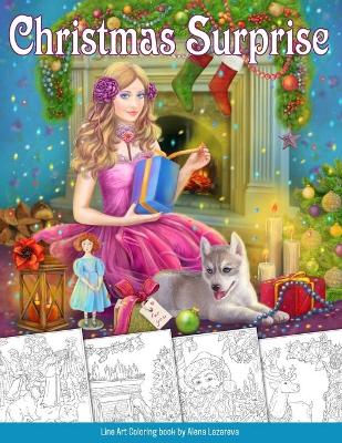 Book cover for Christmas Surprise Coloring Book. Grayscale & Line art