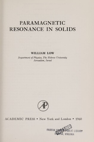 Cover of Paramagnetic Resonance in Solids