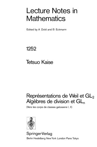 Cover of Representations de Weil Et Gl2-Algebres de Division Et Gln