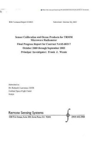 Cover of Sensor Calibration and Ocean Products for Trmm Microwave Radiometer