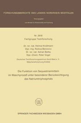 Cover of Funktion Von Sequestriermitteln Im Waschprozess Unter Besonderer Berucksichtigung Des Natriumtriphosphats