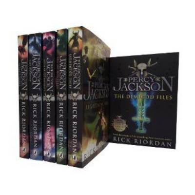 Book cover for Percy Jackson Collection. Percy Jackson and the Lightning Thief, the Last Olympian, the Titans Curse, the Sea of Monsters, the Battle of the Labyrinth and the Demigod File