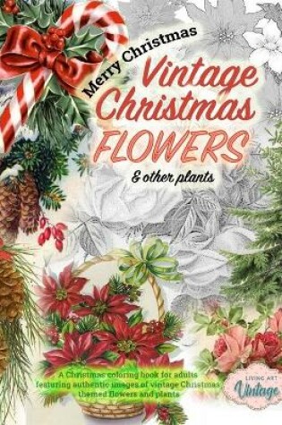 Cover of Vintage Christmas Flowers & other plants. A Christmas coloring book for adults featuring authentic images of vintage Christmas themed flowers and plants