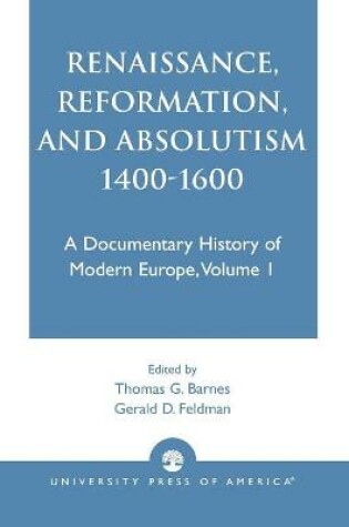 Cover of Renaissance, Reformation, and Absolutism 1400-1600