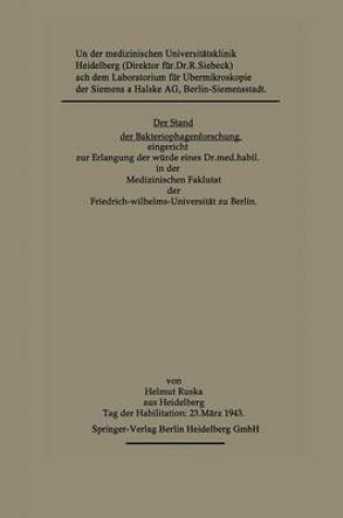 Cover of Der Stand der Bakteriophagenforschung