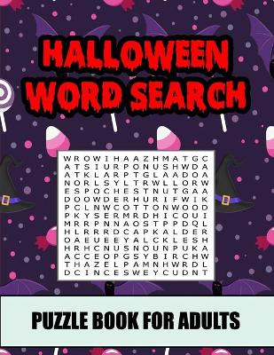 Book cover for halloween search word puzzle book for adults