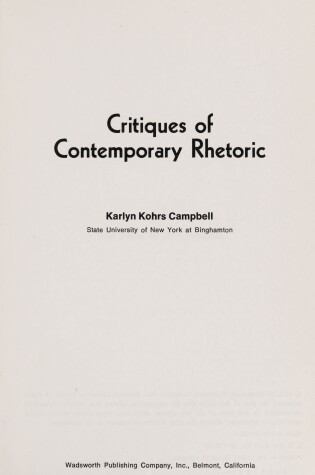 Cover of Critiques of Contemporary Rhetoric