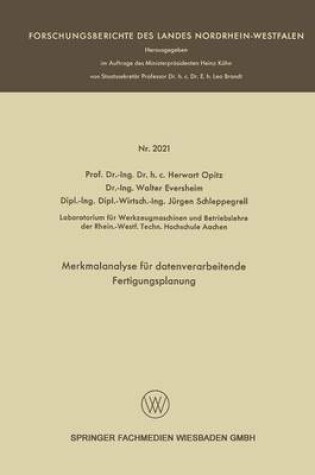 Cover of Merkmalanalyse für datenverarbeitende Fertigungsplanung