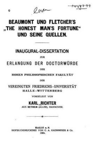 Cover of Beaumont und Fletcher'sthe Honest Man's Fortune und Seine Quellen