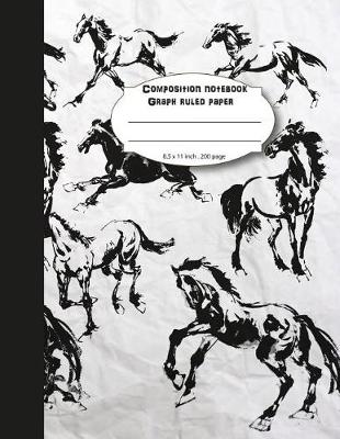 Book cover for Composition notebook graph ruled paper 8.5 x 11" 200 page 4x4 grid per inch, Horses ride black white art