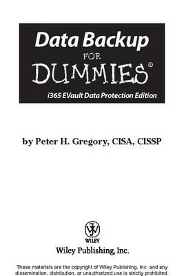 Book cover for Data Backup for Dummies, I365 Evault Data Protection Edition