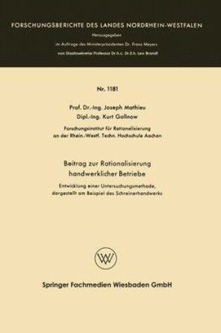 Cover of Beitrag zur Rationalisierung handwerklicher Betriebe