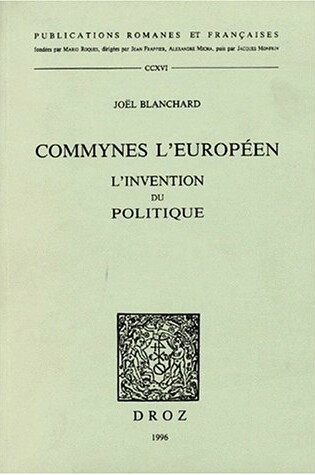 Cover of Commynes L'Europeen. L'Invention Du Politique