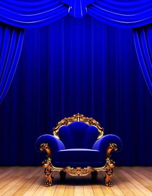 Book cover for Jumbo Oversized Blue Chair on the Stage with Blue Curtains