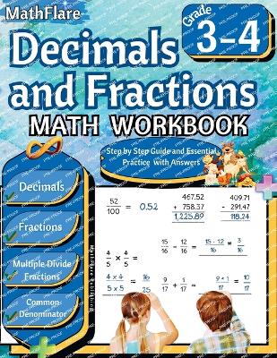 Book cover for Decimals and Fractions Math Workbook 3rd and 4th Grade