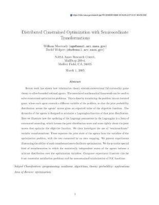 Book cover for Distributed Constrained Optimization with Semicoordinate Transformations