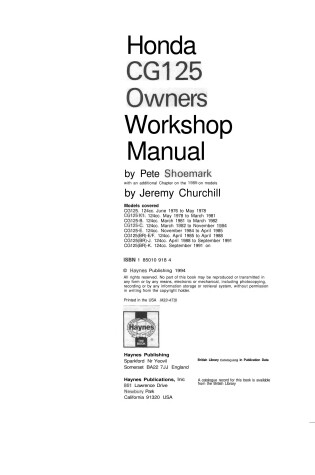 Cover of Honda CG125 (1976 to 1994) Owner's Workshop Manual