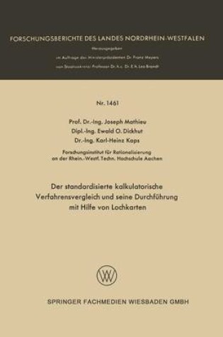 Cover of Der Standardisierte Kalkulatorische Verfahrensvergleich Und Seine Durchfuhrung Mit Hilfe Von Lochkarten