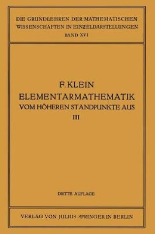 Cover of Elementarmathematik Vom Hoheren Standpunkte Aus, III