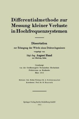 Cover of Differentialmethode Zur Messung Kleiner Verluste in Hochfrequenzsystemen