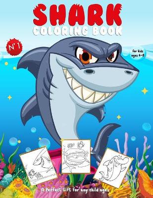 Book cover for Shark coloring book for kids ages 4-8