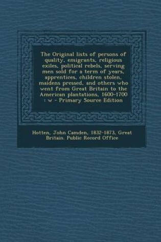 Cover of The Original Lists of Persons of Quality, Emigrants, Religious Exiles, Political Rebels, Serving Men Sold for a Term of Years, Apprentices, Children S