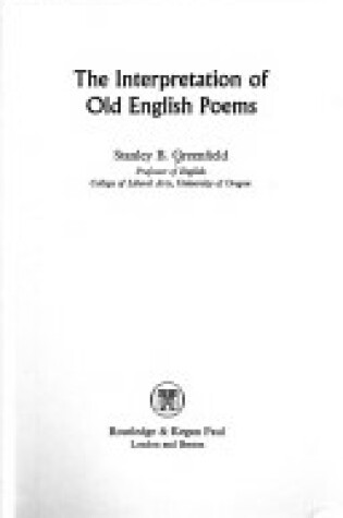 Cover of Interpretation of Old English Poems