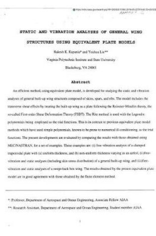 Cover of Static and Vibration Analyses of General Wing Structures Using Equivalent Plate Models