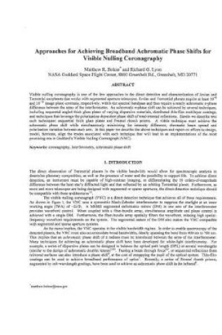 Cover of Approaches for Achieving Broadband Achromatic Phase Shifts for Visible Nulling Coronagraphy