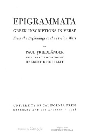 Cover of Epigrammata Greek Inscriptions in Verse from the Beginnings to the Persian WA