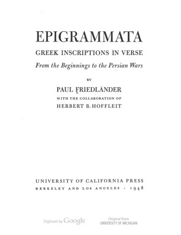 Book cover for Epigrammata Greek Inscriptions in Verse from the Beginnings to the Persian WA