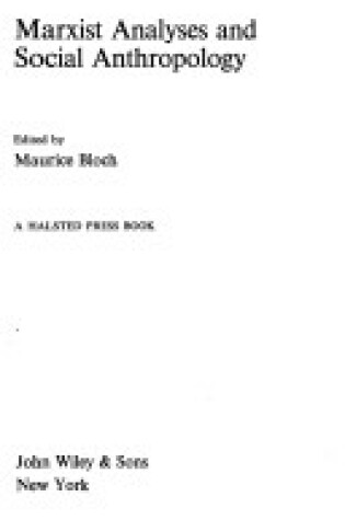 Cover of Bloch: *Marxist Analyses* and Social Ant