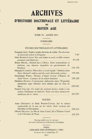 Cover of Archives d'Histoire Litteraire Et Doctrinale Du Moyen-Age LXXVIII - 2011