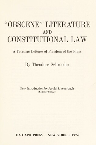 Cover of Obscene Literature and Constitutional Law