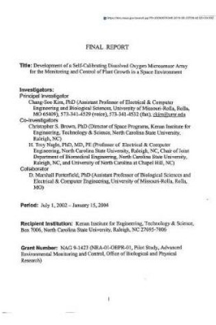 Cover of Development of a Self-Calibrating Dissolved Oxygen Microsensor Array for the Monitoring and Control of Plant Growth in a Space Environment