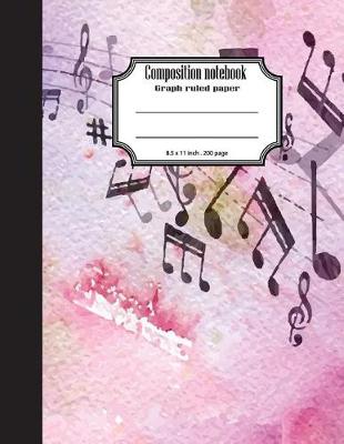 Book cover for Composition notebook graph ruled paper 8.5 x 11" 200 page 4x4 grid per inch, Pink Watercolor Music note