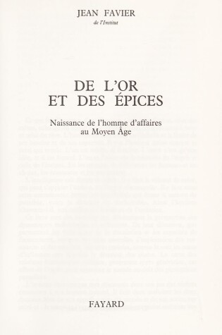 Cover of de l'Or Et Des Aepices