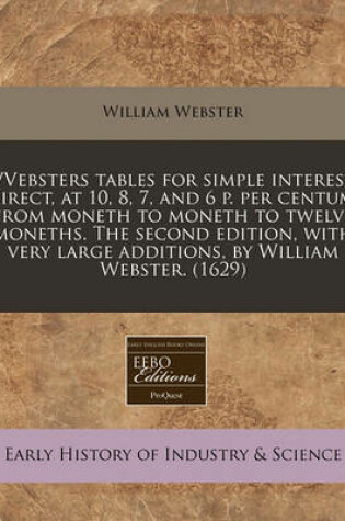 Cover of Vvebsters Tables for Simple Interest Direct, at 10, 8, 7, and 6 P. Per Centum, from Moneth to Moneth to Twelve Moneths. the Second Edition, with Very Large Additions, by William Webster. (1629)