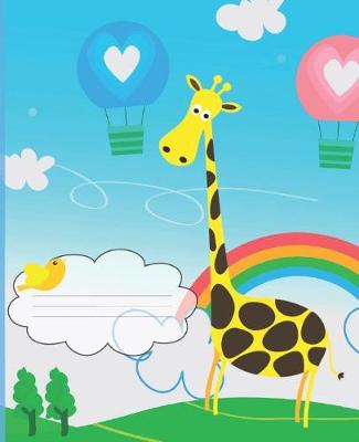 Book cover for Cute Rainbow Hot Air Balloons & Giraffe Kids Composition Wide-ruled blank line School Notebook