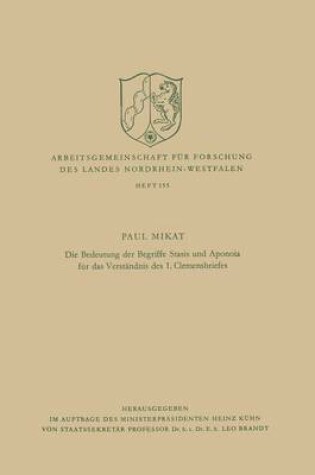 Cover of Die Bedeutung Der Begriffe Stasis Und Aponoia Fur Das Verstandnis Des 1. Clemensbriefes