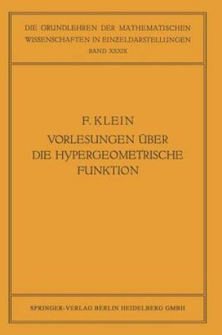 Cover of Vorlesungen UEber Die Hypergeometrische Funktion