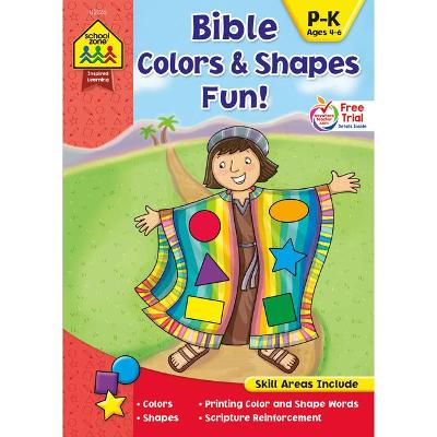 Book cover for School Zone Bible Colors & Shapes Fun! Workbook