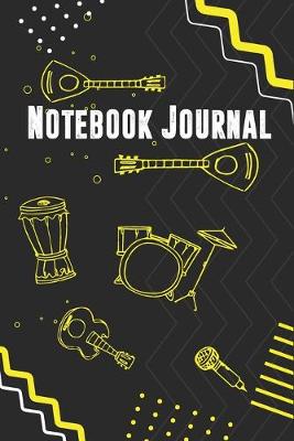 Book cover for Notebook or Journal for Musicians With Cool Design on Each Pages. Cover With Yellow Music Instruments. Musicians Notebook. Manuscript Paper for Notes, Lyrics and Music.