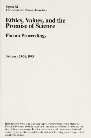 Cover of Ethics, Values, and the Promise of Science : Sigma XI Forum Proceedings